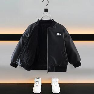 男童皮衣加棉加绒2024新款 儿童休闲皮夹克男孩洋气保暖棉服秋冬潮