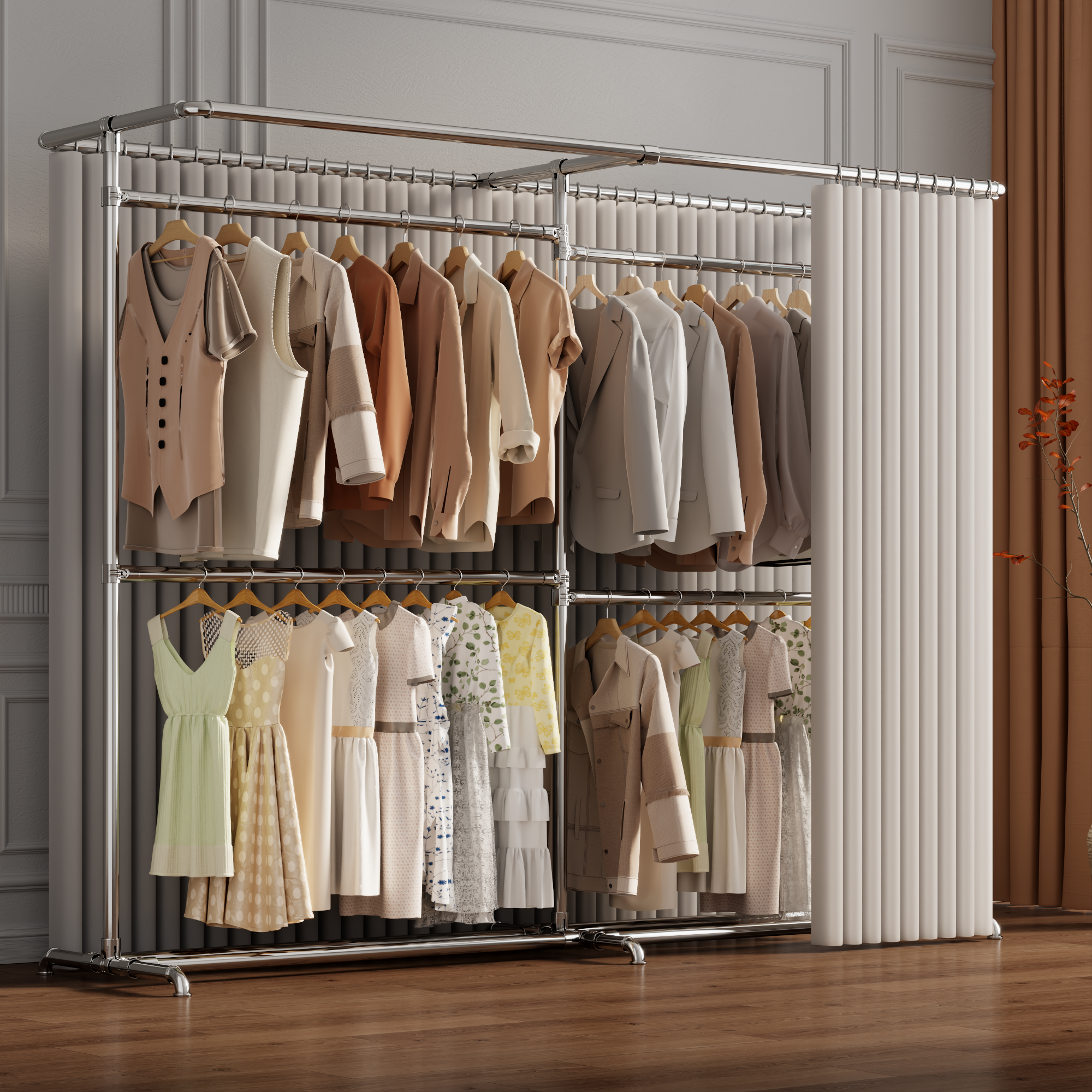 镀锌钢落地衣架家用卧室挂衣架顶天立地收纳杆简易衣柜衣物收纳架