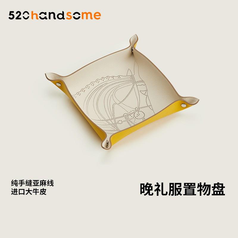 手工缝制首饰进口TC牛皮桌面玄关收纳盒钥匙托盘置物盘21cm*21cm - 实物图