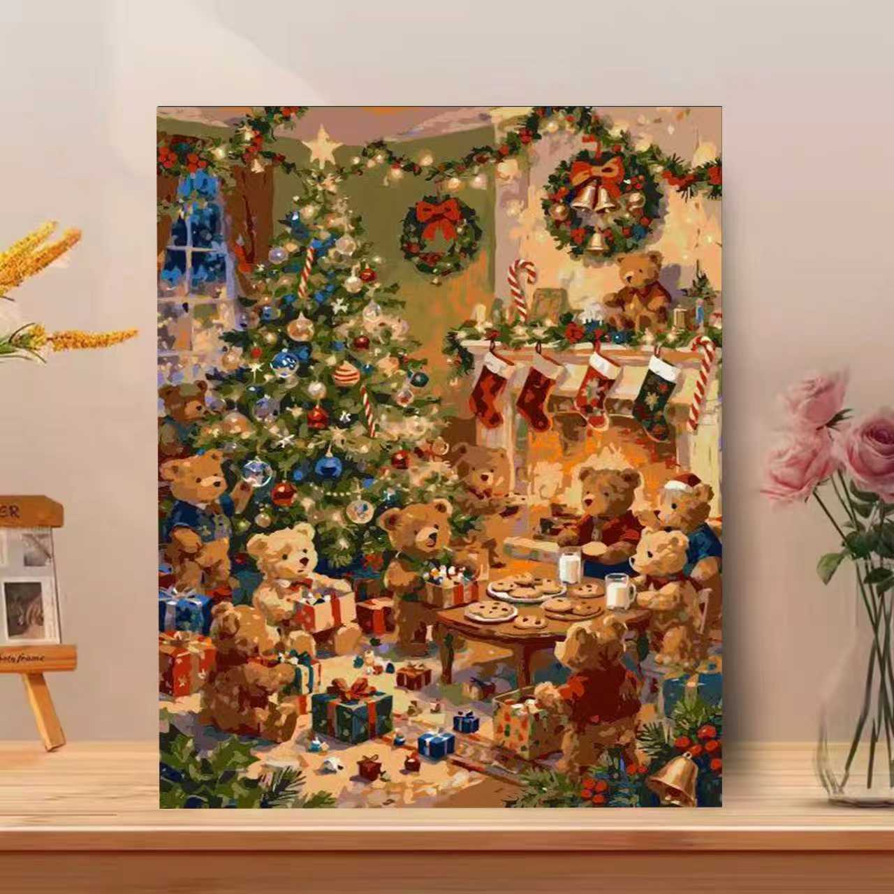 圣诞小熊|数字油画diy实心背板真心零基础手工填色手绘礼物装饰画