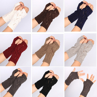 晴纶手套针织镂空手套女半指手套保暖露指手套毛线男款