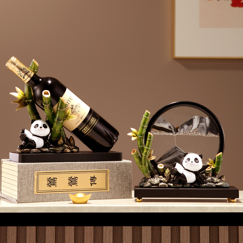 中国风熊猫文创元素红酒架流沙画摆件办公室乔迁新居送老师礼物