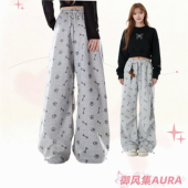 直筒长裤 AURA可爱小狗骨头满印休闲运动卫裤 女宽松慵懒秋冬新款 子