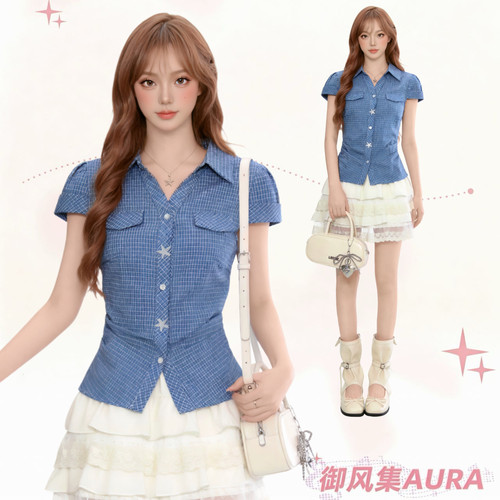 AURA美式复古蓝格修身短袖衬衫