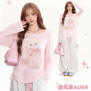 AURA可爱蝴蝶结猫咪印花长袖T恤甜美内搭设计感防晒罩薄纱上衣夏