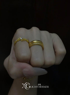 S925纯银中古金色麦穗素圈戒指女