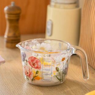 法式 繁花量杯 带盖子玻璃杯水牛奶杯 果汁杯带刻度家用 可微波烤