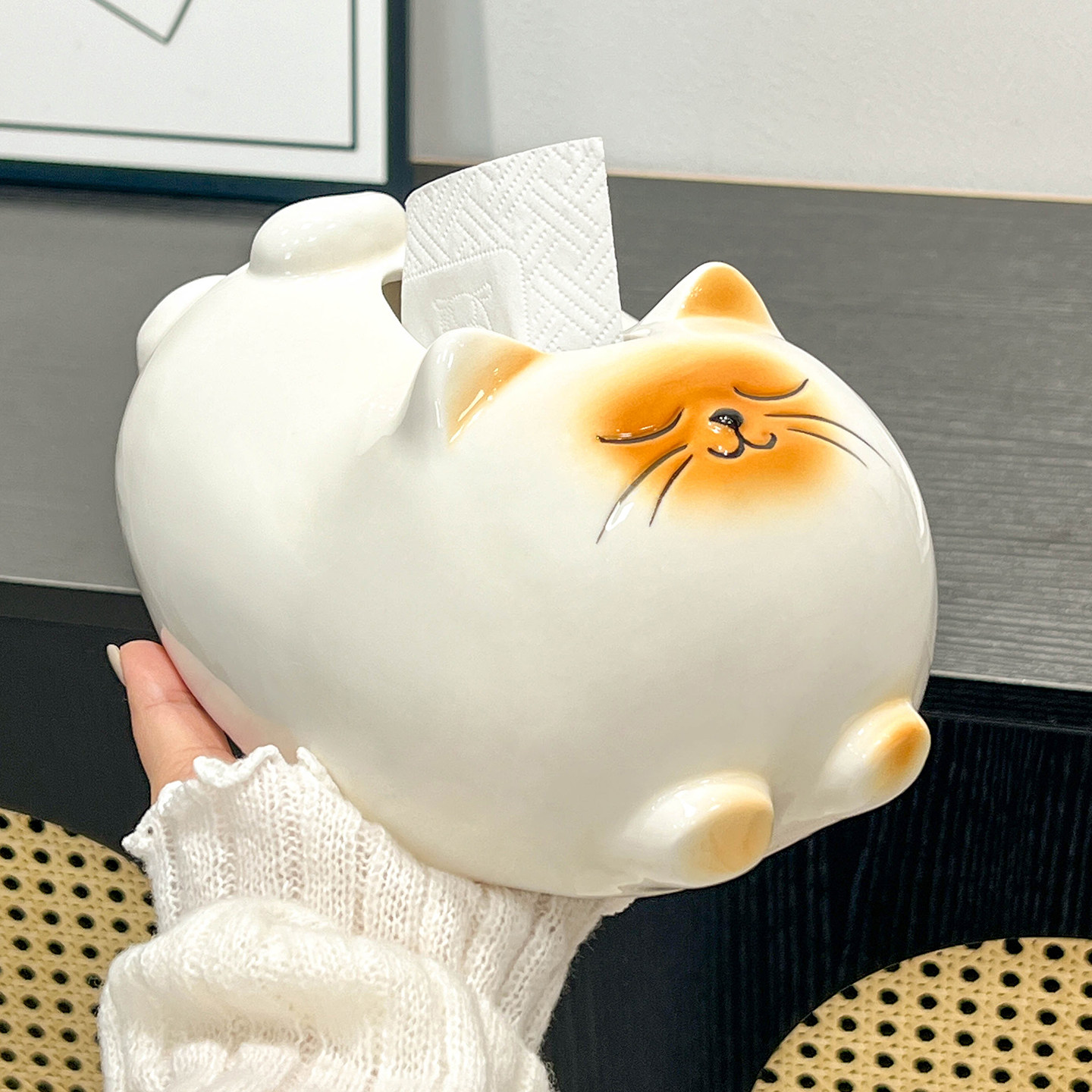 暹罗猫纸巾盒客厅轻奢高档桌面陶瓷高级感家用装饰品可爱抽纸盒