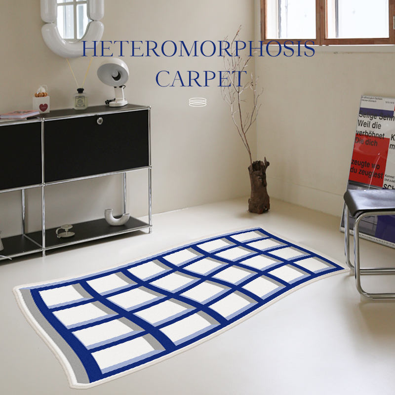 蓝色地毯ins风格子床边毯卧室房间家用客厅克莱因蓝异形毛毯地垫