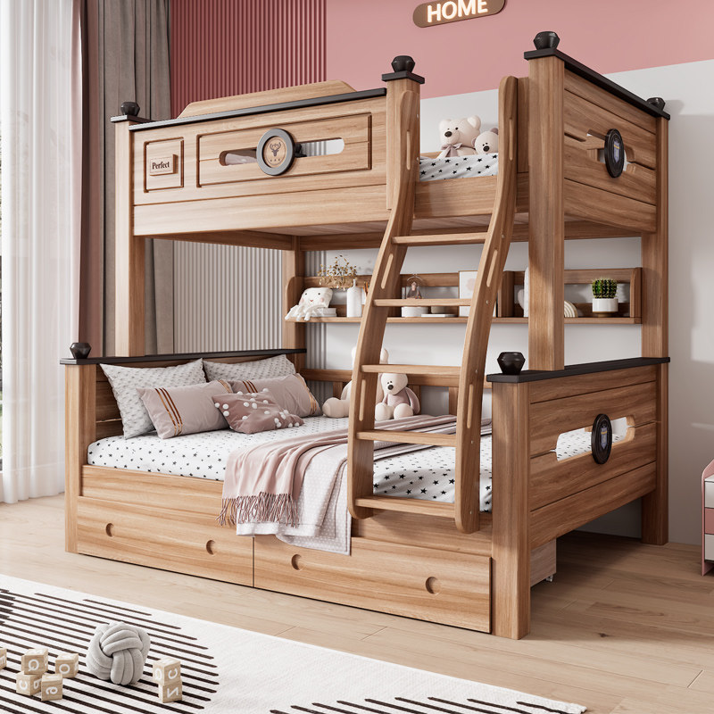 实木上下牀多功能小户型上下铺双层牀儿童牀鹅掌楸木子母牀高低牀