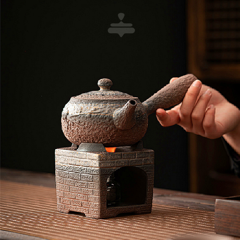 鎏金铁锈釉炭炉煮茶套装可明火炭烧粗陶复古侧把壶碳炉风炉酒精炉