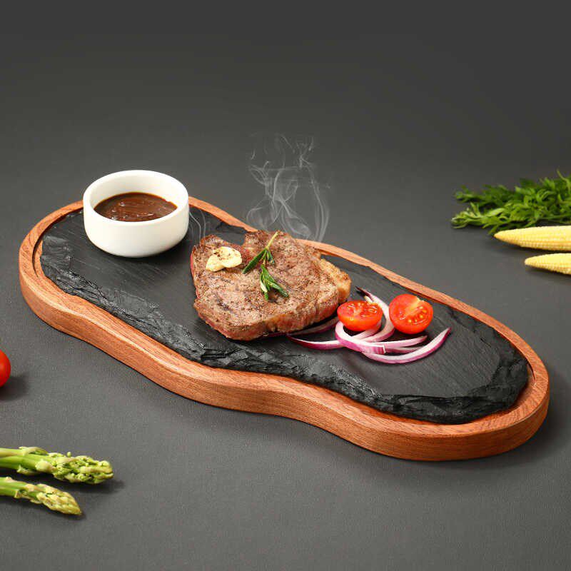 天然石餐垫不规则造型石板西餐厅牛扒盘沙比利实木盘意境菜点心盘