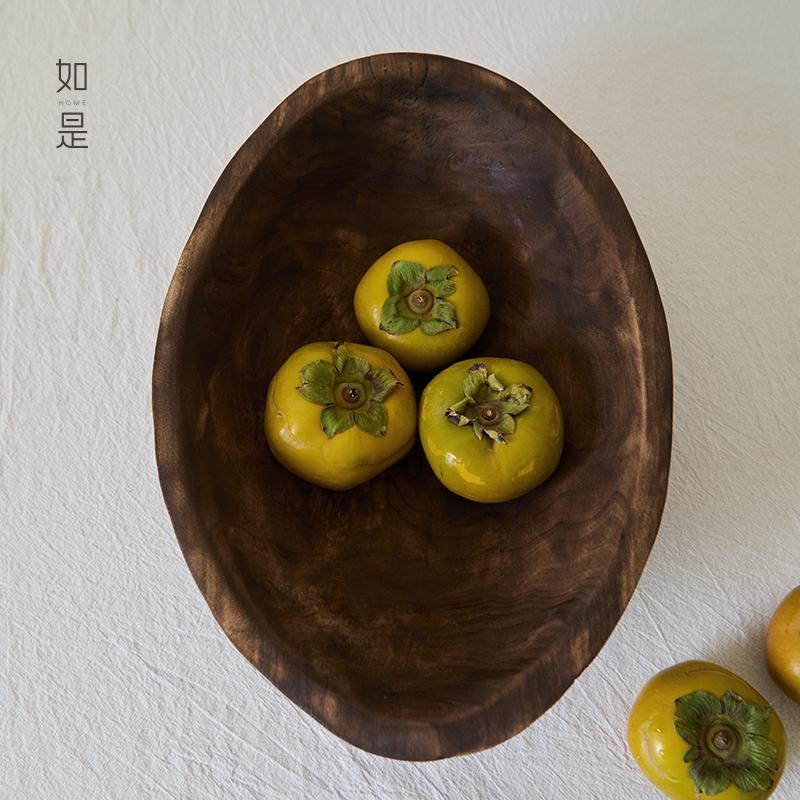 如是/侘寂风做旧椭圆木质果盘托盘民宿样板间果盆创意装饰品摆件
