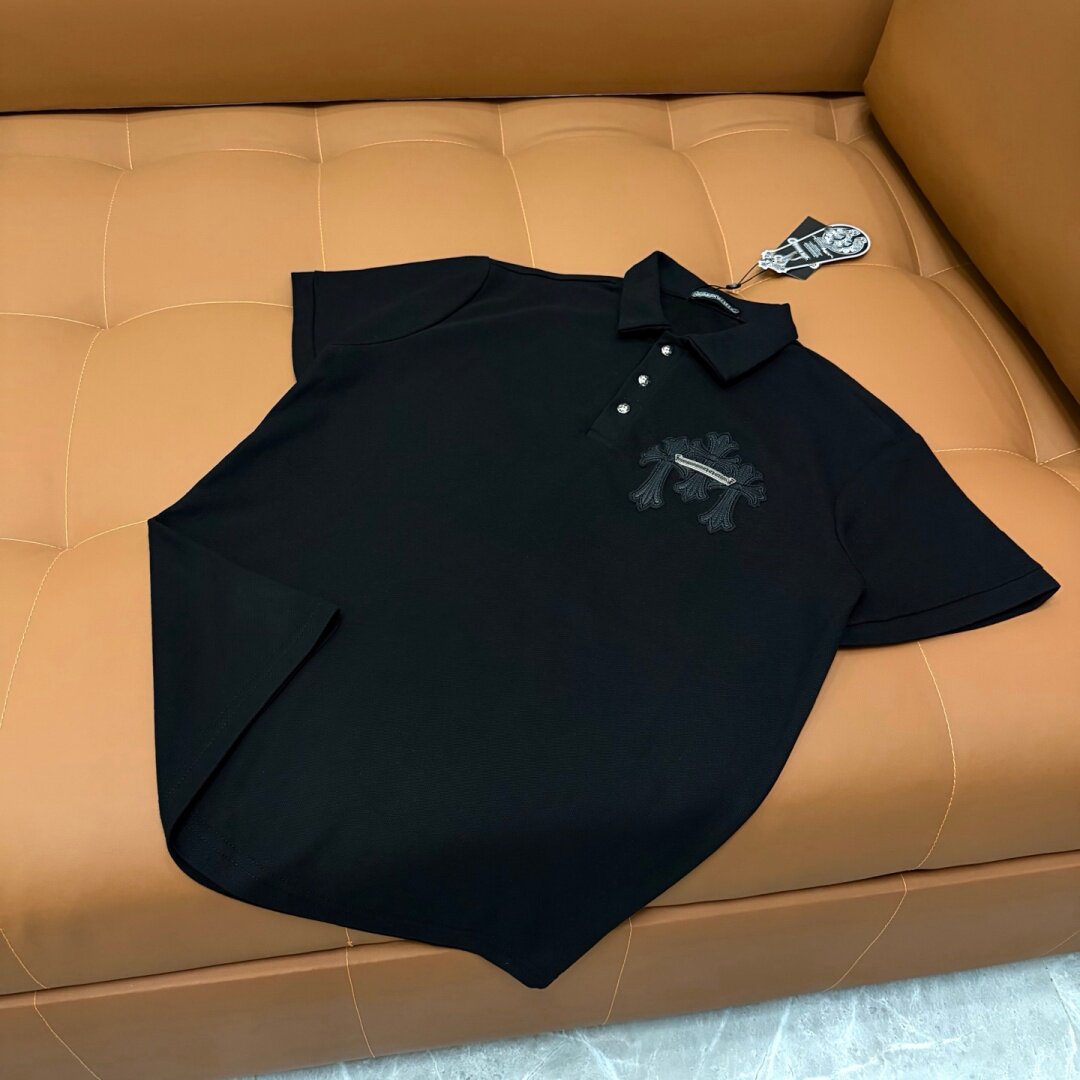 thumbnail for Trendy brand Fcroixin American casual black gray CH veneer embroidered cross short-sleeved T-shirt men's lapel top