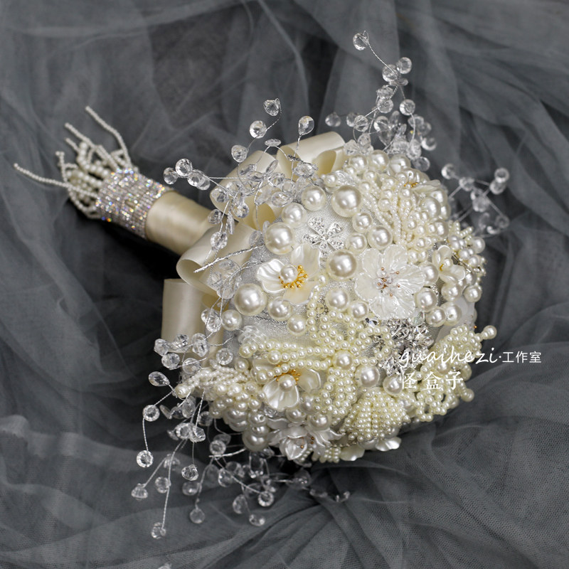 新娘手捧花珍珠晶钻石婚纱影楼结婚拍摄道具手工材包成品