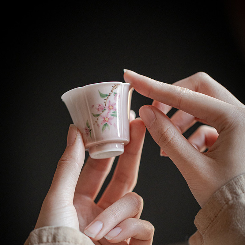 品茗杯茶杯功夫茶具杯中式端闻香单杯粉色贴花
