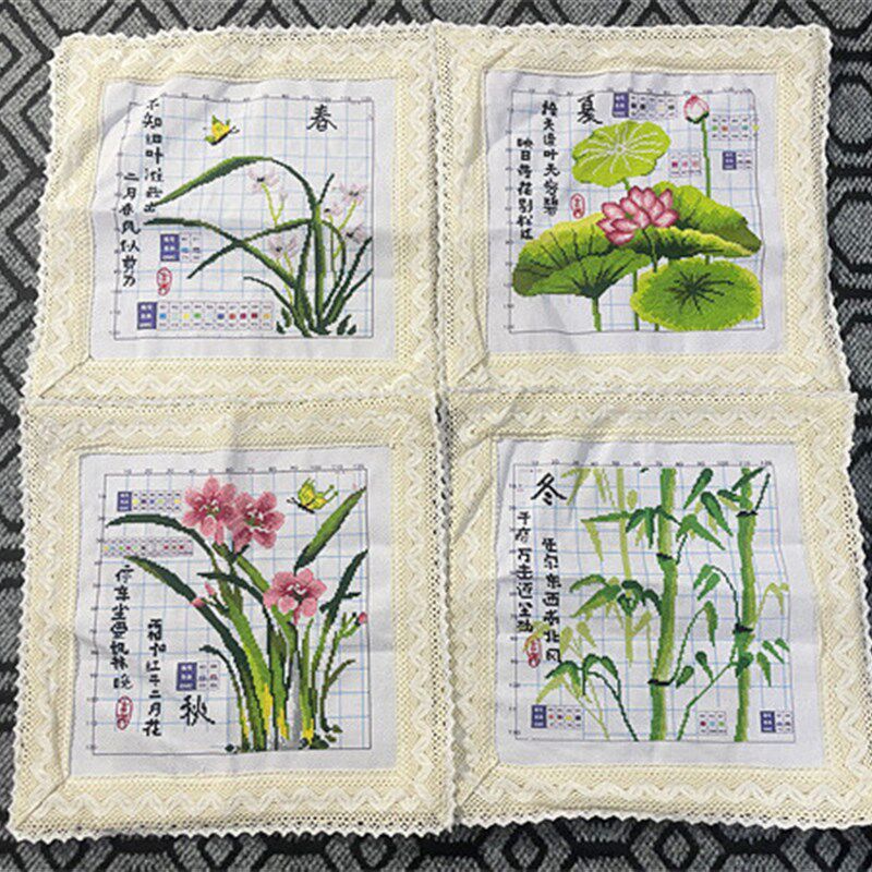 兔妈妈手工十字绣成品抱枕四联梅兰竹菊春夏汽车枕