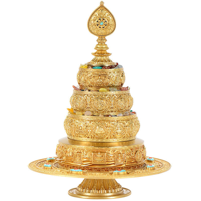 藏村曼扎盘修盘纯铜八吉祥镀金雕花佛前密宗佛俱曼茶罗曼达盘