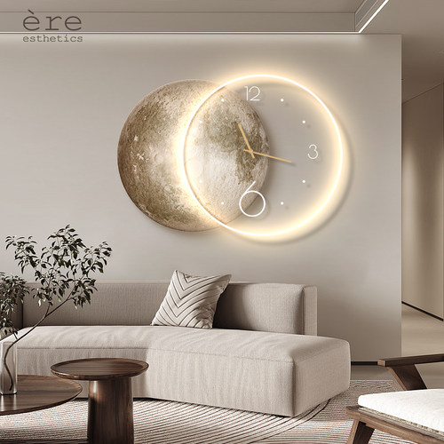 侘寂风客厅月球装饰画沙发背景墙挂钟led灯画餐厅高级感发光挂画