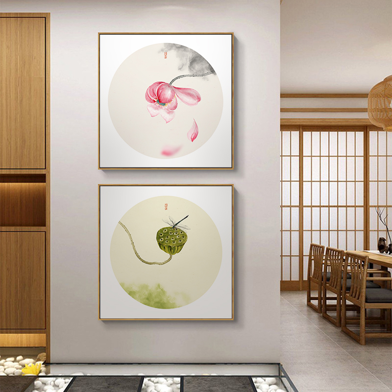 新中式餐厅挂画入户玄关装饰画茶室饭店走廊过道壁画正方形花鸟画图片