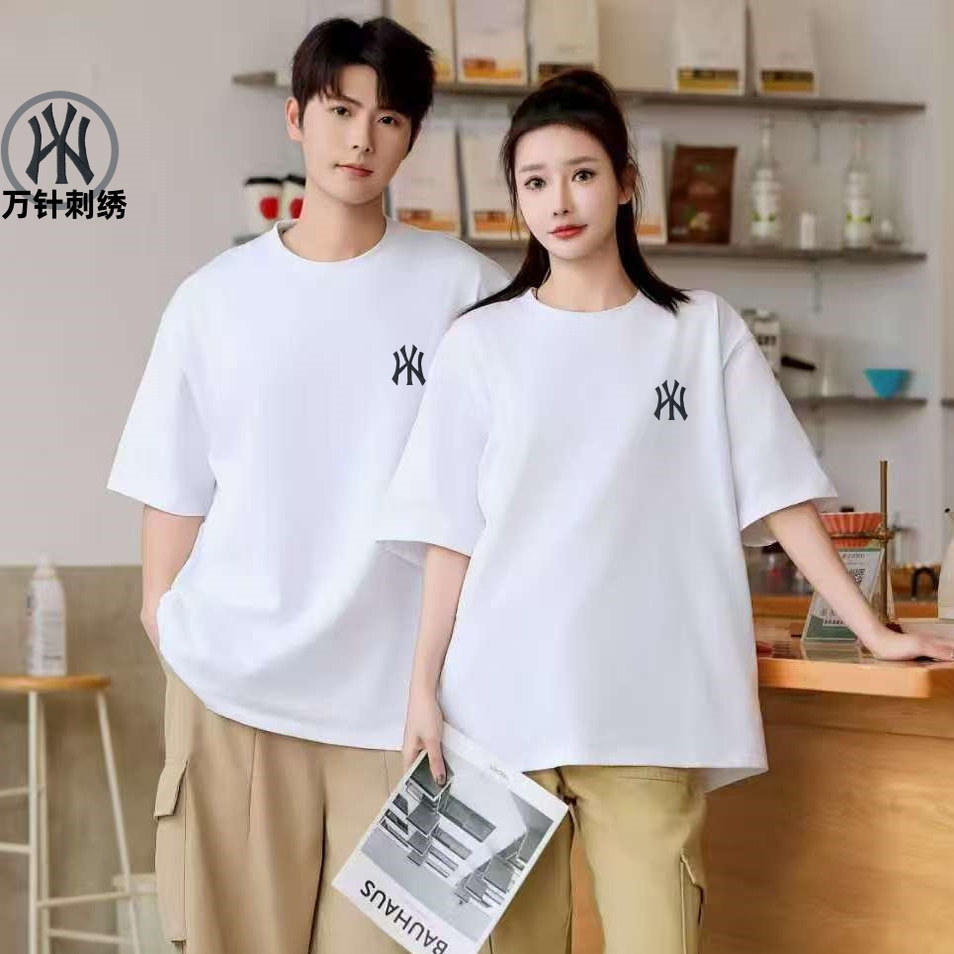 重磅纯棉刺绣t恤男女2025新款夏季纯棉美式潮流时尚白色百搭衣服