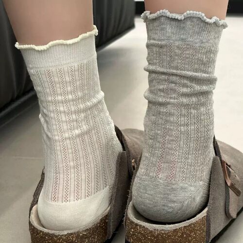 花边堆堆袜韩版 ins时尚纯色镂空网眼中筒袜春夏日系薄款简约少女