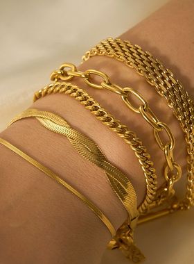 欧美钛钢手链电镀古巴链扁蛇链不锈钢饰品轻奢高级感配件