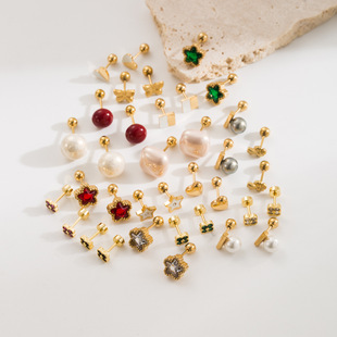 洛云梵镶锆石五角星蝴蝶四叶草心型不锈钢拧螺丝耳钉小众百搭耳饰