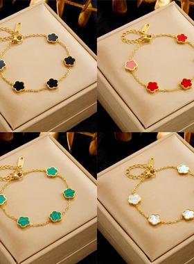 新款时尚五叶草花朵贝母钛钢手链18k金色OL贝母手链梅花手饰