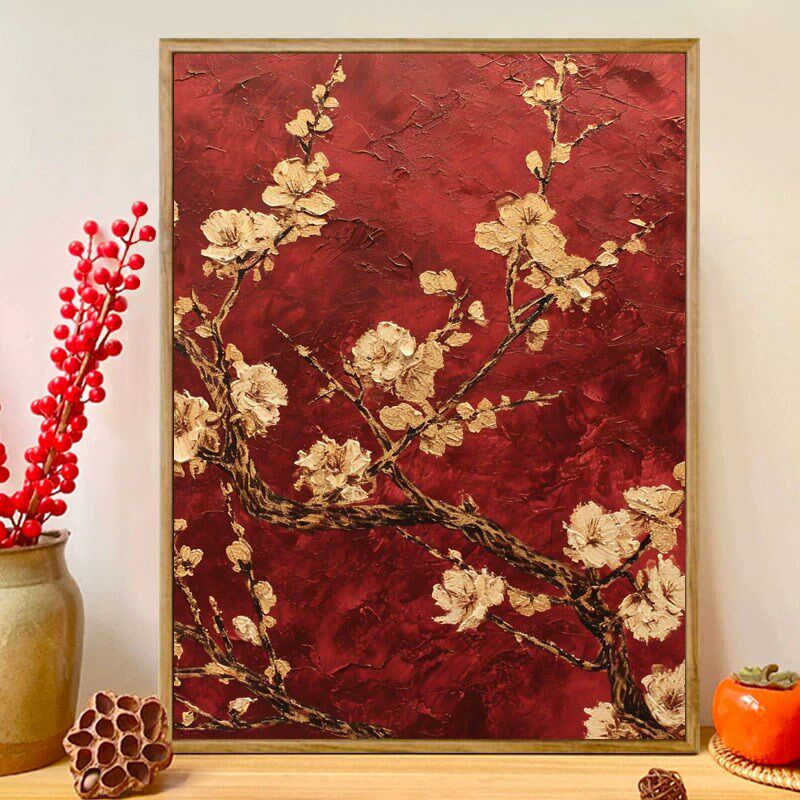 红墙腊梅数字油画填填色丙烯画画油彩画