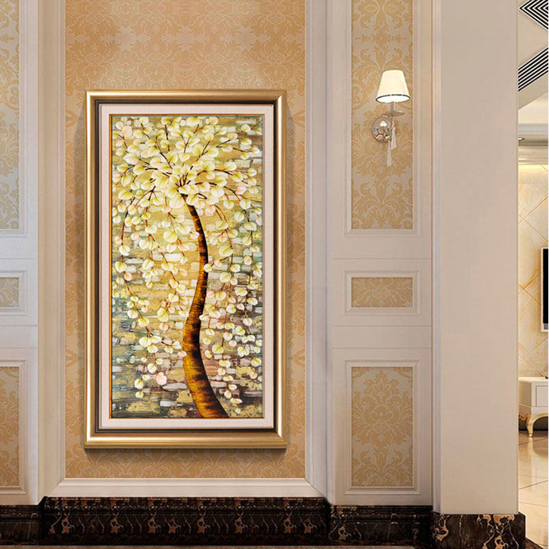 画玄关竖版走廊过道挂画发财树欧式餐厅象油画壁画