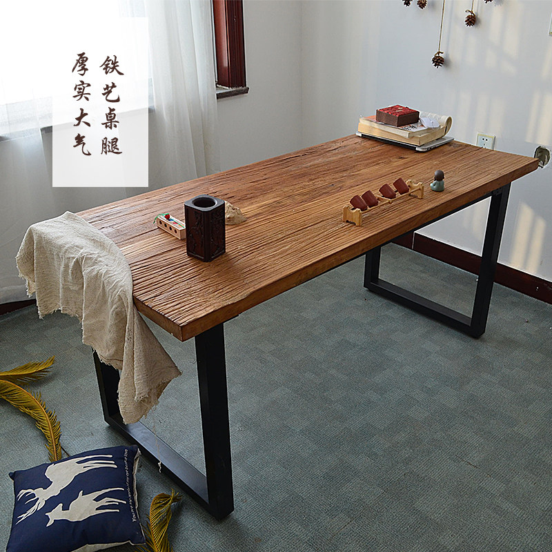 榆木茶桌门板吧台桌铁艺长方形书桌简约旧门板