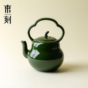 轻奢手工竹叶绿葫芦茶壶日式 束刻 创意带过滤提梁壶功夫茶具单壶