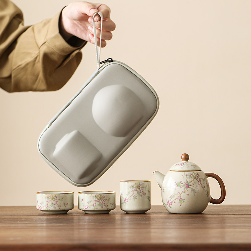 紫藤花汝窑一壶三杯户外旅行茶具套装便携式包泡茶壶茶杯快客杯,餐饮具,旅行茶具,淘宝优惠券,粉丝福利购,淘宝优惠卷