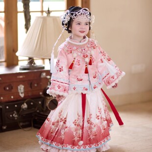 国风马面裙套装 新款 汉服女童明制云肩粉色花卉刺绣超仙公主裙中式