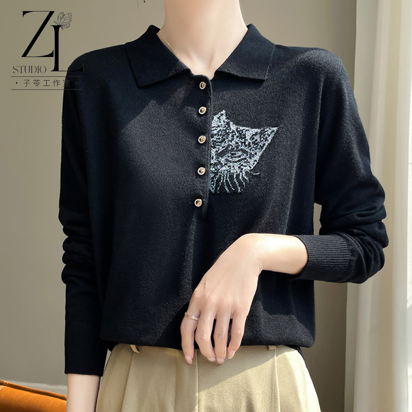 子苓服饰新款韩系polo领羊毛针织衫女长袖薄款刺绣毛衣打底衫黑色