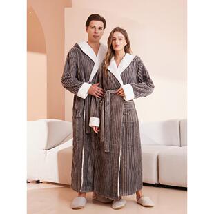 法兰绒秋冬季 睡衣冬款 男珊瑚绒保暖睡袍浴袍家居服女士 超长款 欧码