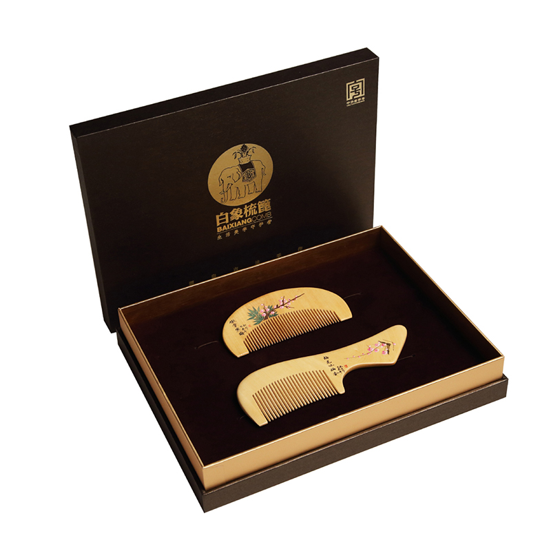 白象常州梳篦 婚庆梳子套装 小叶黄杨木梳礼品二件套盒装 梅花款