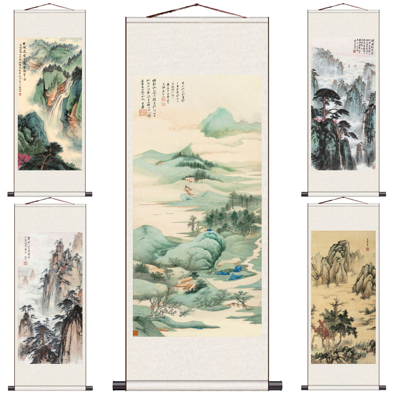 张大千山水画仙境山p水卷轴挂饰品教室挂画玄关装饰挂轴送客户