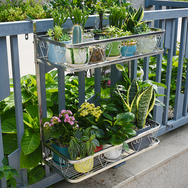 阳台花盆挂架栏杆花架置物架不锈钢多层挂式悬挂双层X铁艺护栏架