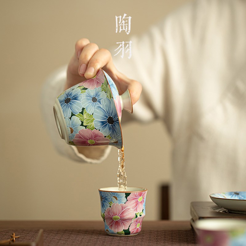 繁花黄汝悬停三才盖碗单个高档z茶杯家用陶瓷功夫茶具大号敬茶碗