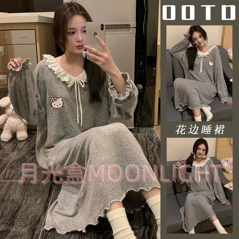 月光* 磨毛卡通花边kitty长袖睡裙女春秋季甜美简约睡衣家居服
