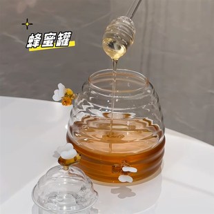 高硼硅玻璃蜂蜜罐带搅拌棒储物罐创F意透明家用蜂蜜瓶带盖密封罐