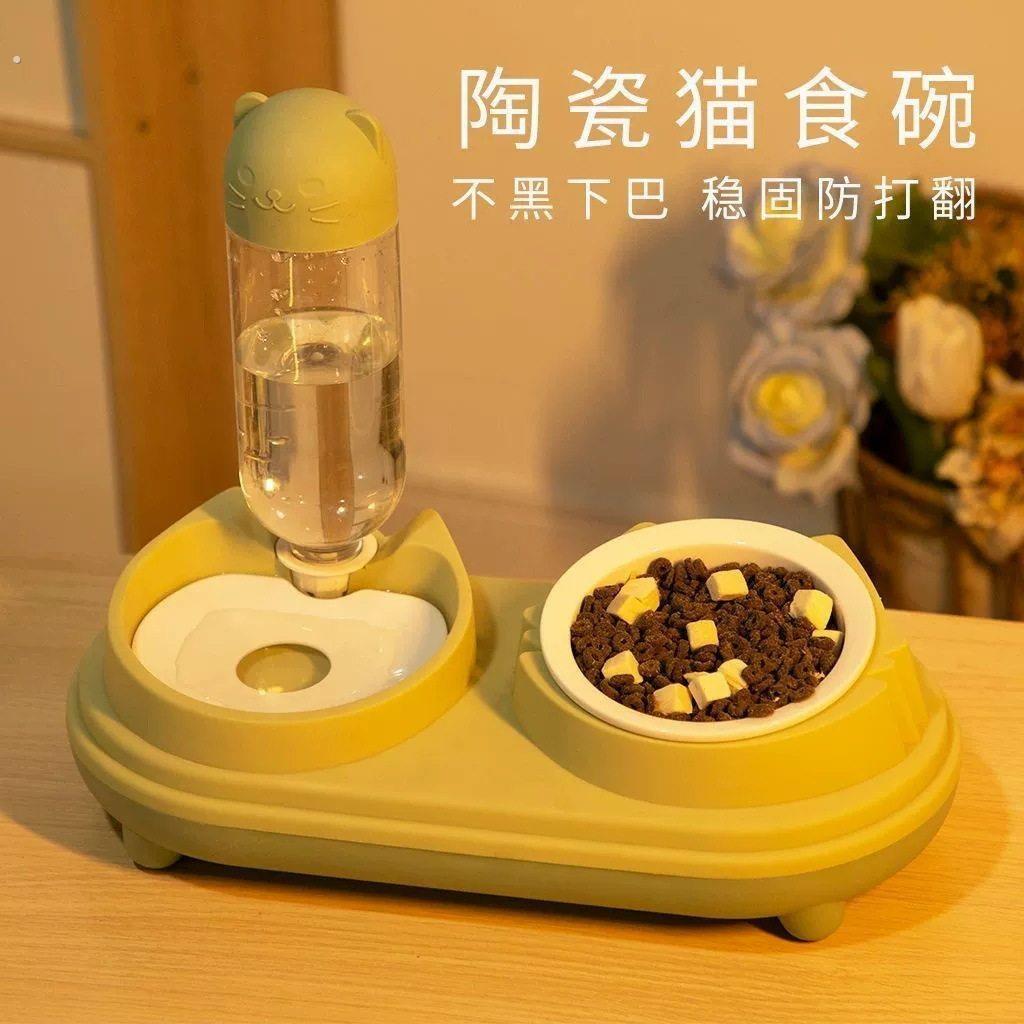 猫碗塑料双碗自动饮水猫咪食盆宠物碗不锈钢狗狗碗饭盆喝水防打翻