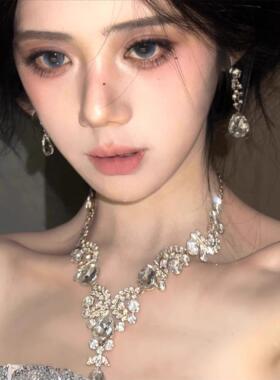 超闪水滴满钻流苏项炼耳环套装女宫廷轻奢小众设计锁骨炼脖子配饰
