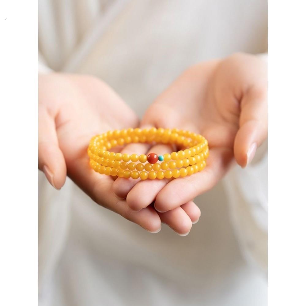 优化蜜蜡手串女款鸡油黄色琥珀南红绿松石多宝手炼双圈三圈山悦