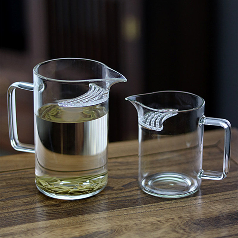 茶滤一体月牙杯木底分茶器号过滤茶海耐热玻璃茶隔漏茶具