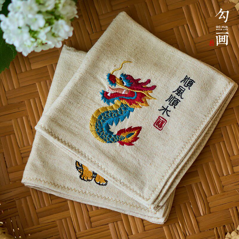 新中式国潮可爱熊猫老虎刺绣棉麻功夫茶巾手帕加厚茶壶隔热垫抹布