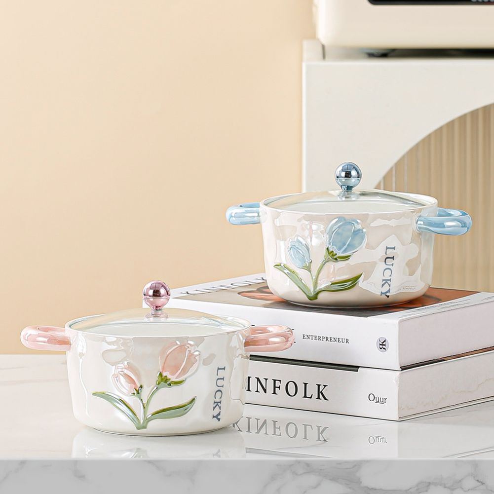 珠光釉郁金香陶瓷泡面碗带盖学生宿舍用方便面碗螺丝粉碗双耳汤碗