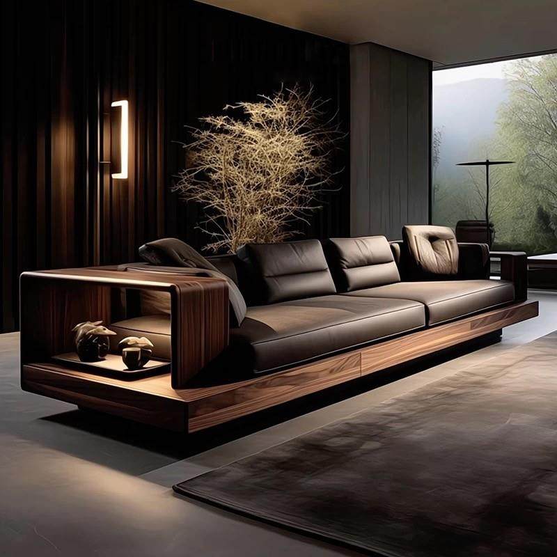 北美黑胡桃木真皮实木沙发组合新中式实木直排置物别墅客厅家具